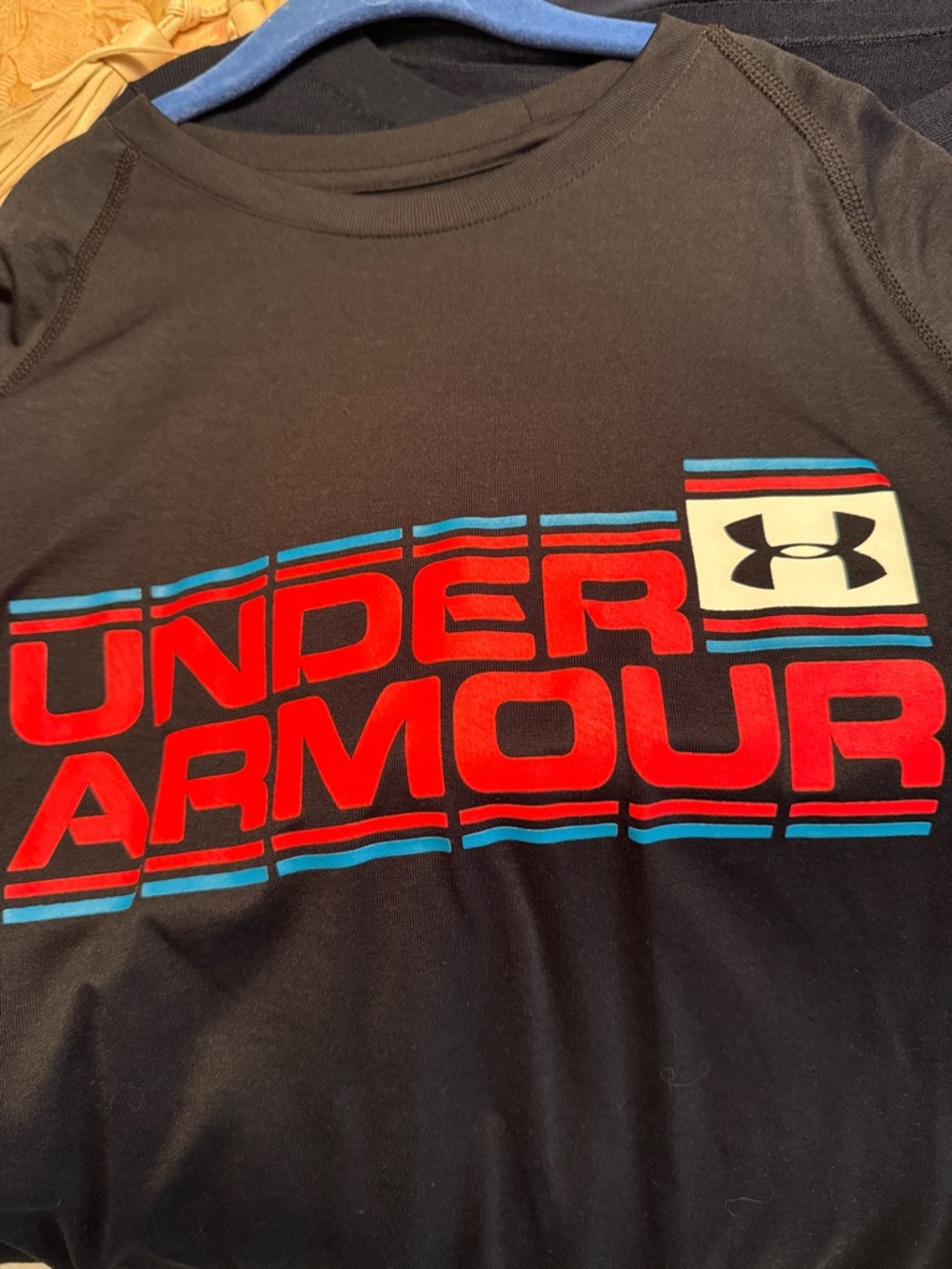 Under Armour Black Short-Sleeve Tee with Red Logo and Blue Accents